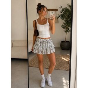 Jennifer Grace Floral Tiered Eyelet Lace Mini Skirt Blue White Cotton Small